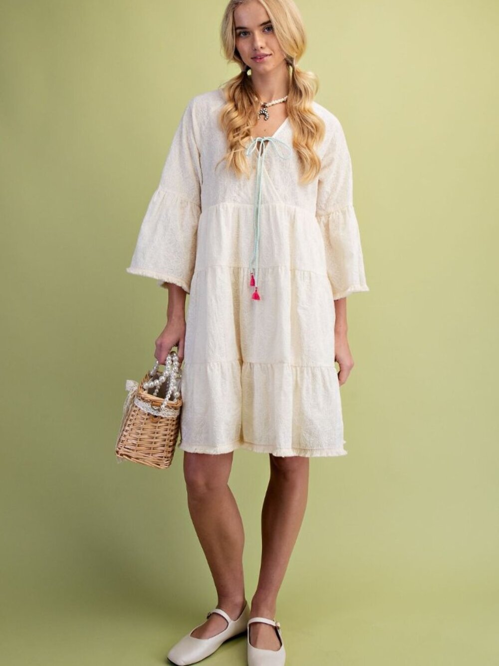 EASEL EMBROIDERY COTTON TIERED DRESS 100% COTTON